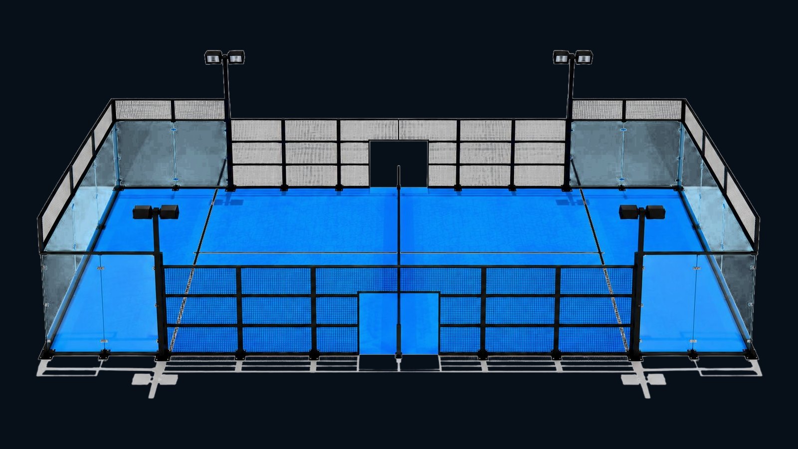 Product render of a panoramic padel court with blue turf